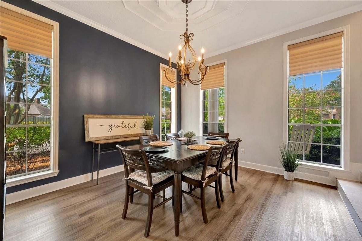 Chandelier, Dining room, Interior, Wood Texture Flooring