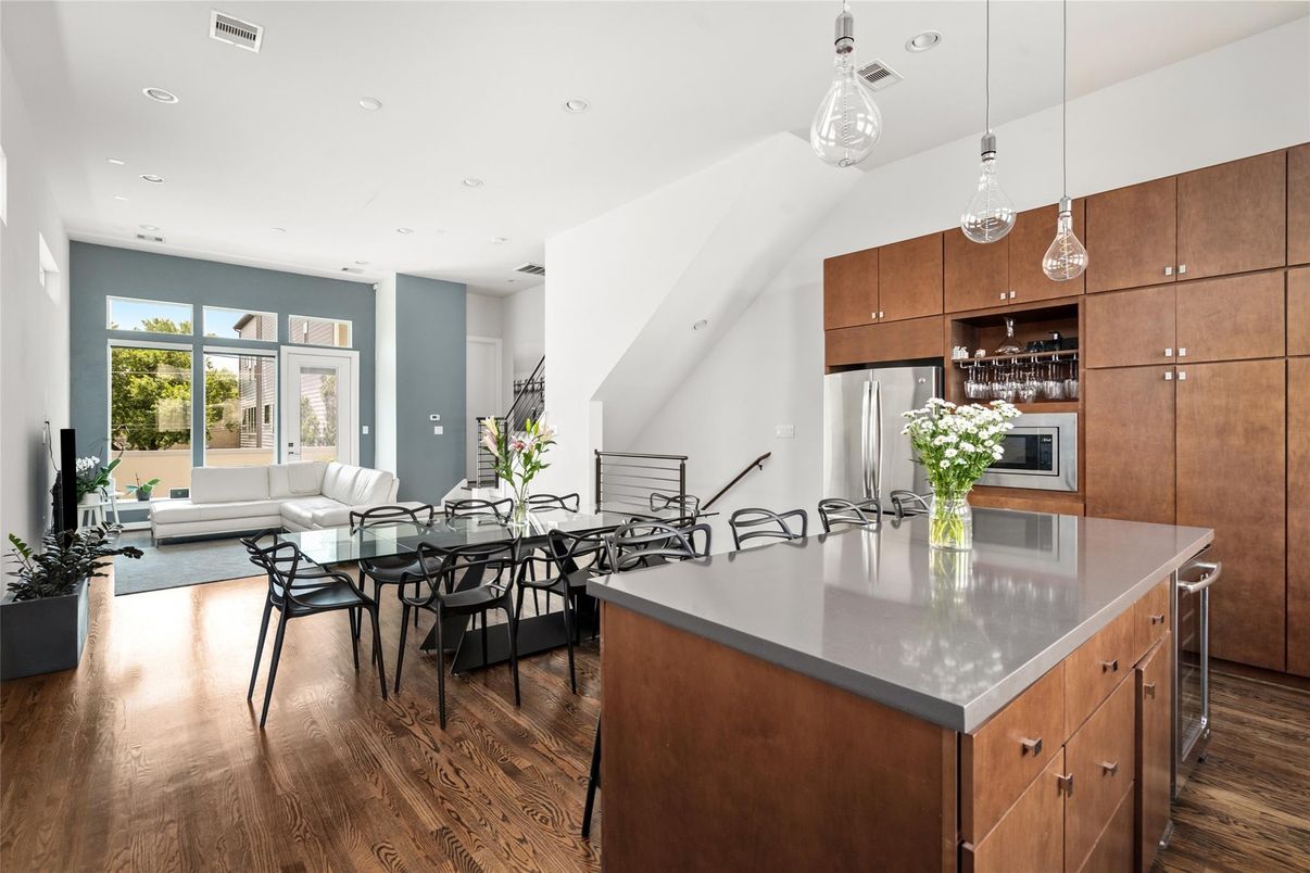 Dining room, Interior, Kitchen, Living room, Pendant Lights, Recessed Lighting, Wood Texture Flooring