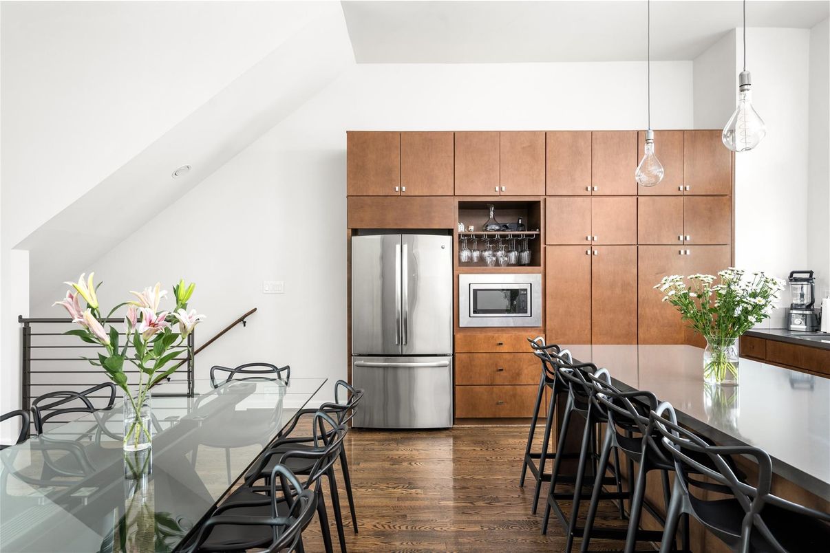 Dining room, Interior, Kitchen, Pendant Lights, Stainless Steel Appliances, Wood Texture Flooring