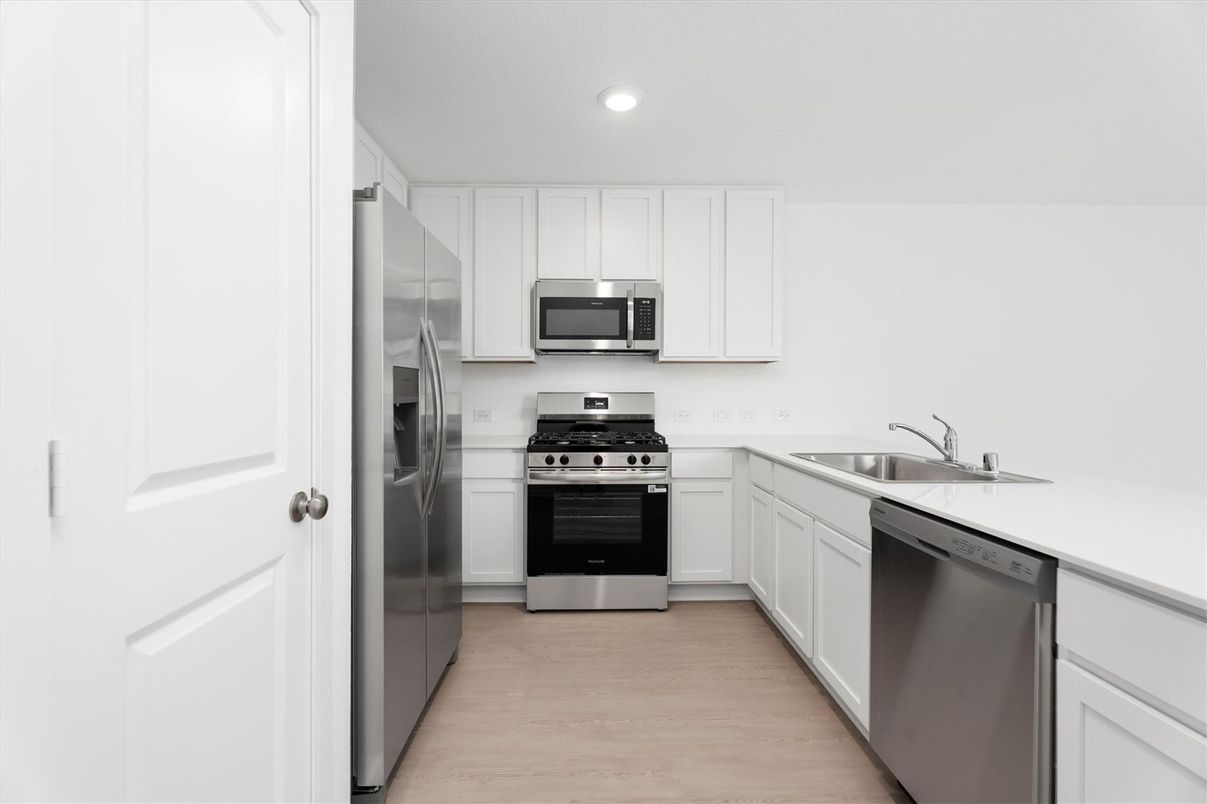 Interior, Kitchen, Recessed Lighting, Stainless Steel Appliances, Wood Texture Flooring