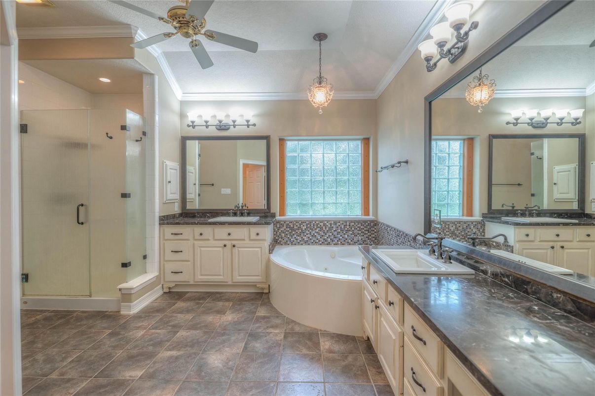 Bathroom, Dual Sink Vanities, Glass Shower, Interior, Pendant Lights, Recessed Lighting