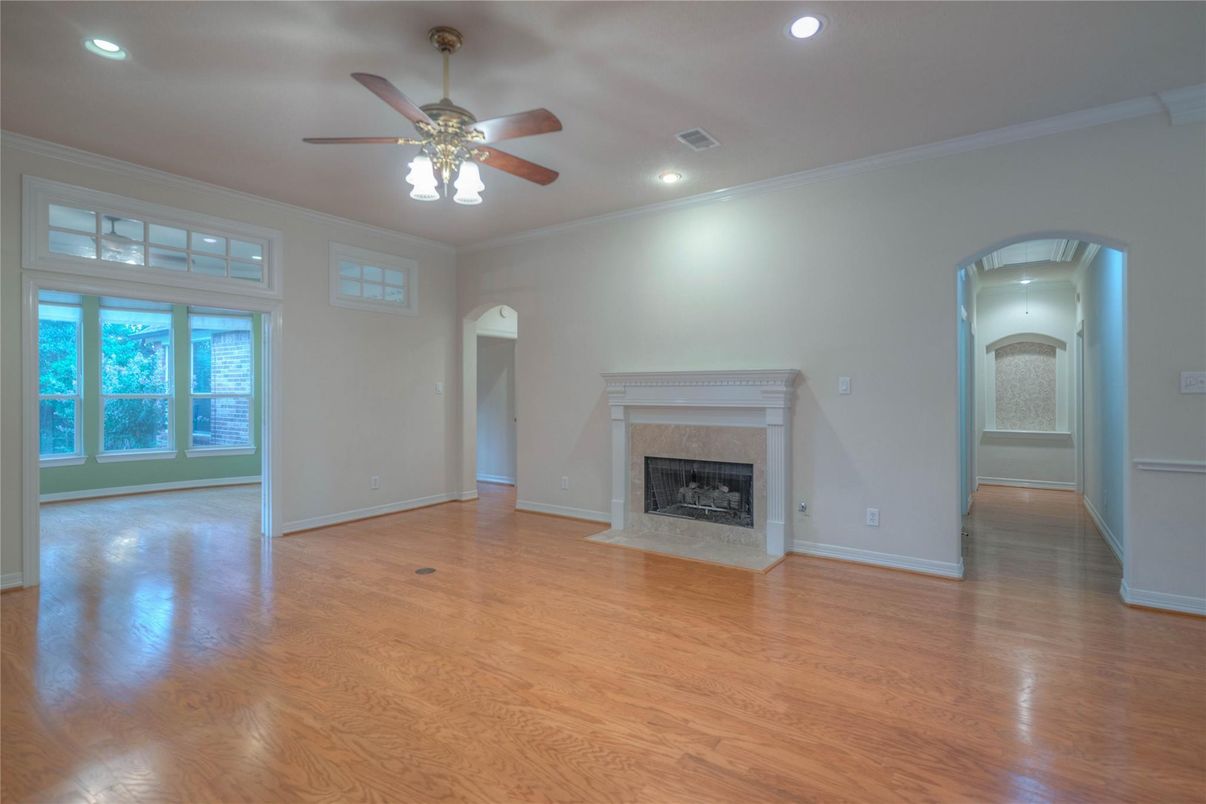 Empty room, Fireplace, Interior, Recessed Lighting, Wood Texture Flooring