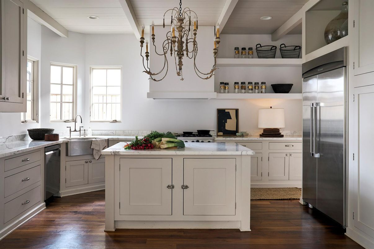 Chandelier, Interior, Kitchen, Recessed Lighting, Stainless Steel Appliances, Wood Texture Flooring