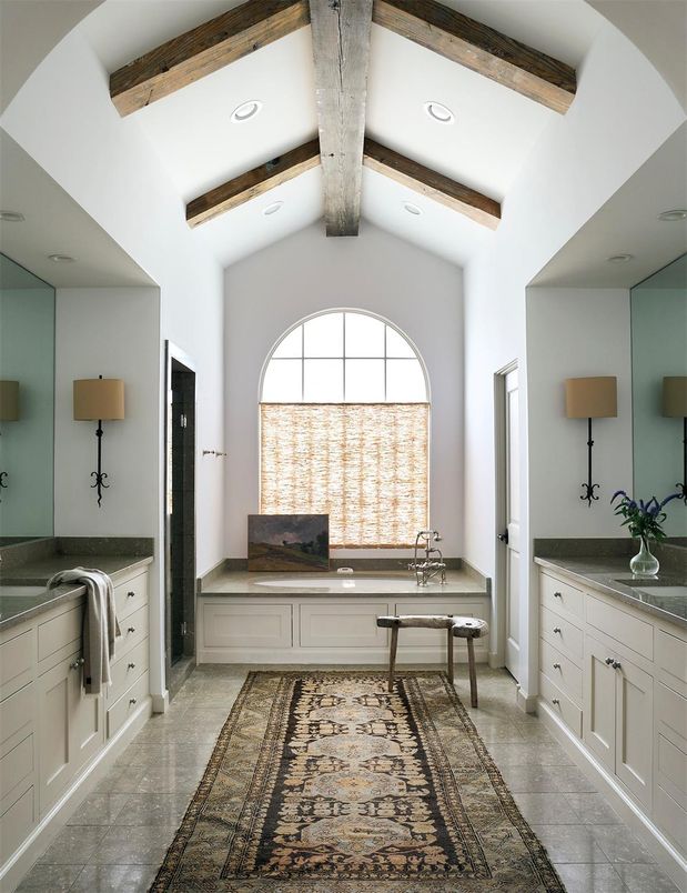 Bathroom, Dual Sink Vanities, Interior, Recessed Lighting, Wooden Beams