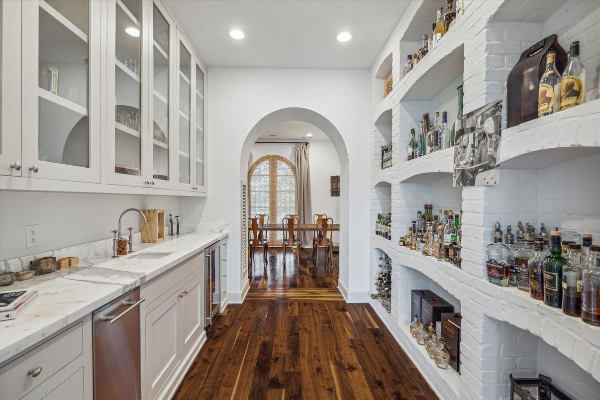 Dining room, Fireplace, Interior, Kitchen, Recessed Lighting, Wood Texture Flooring