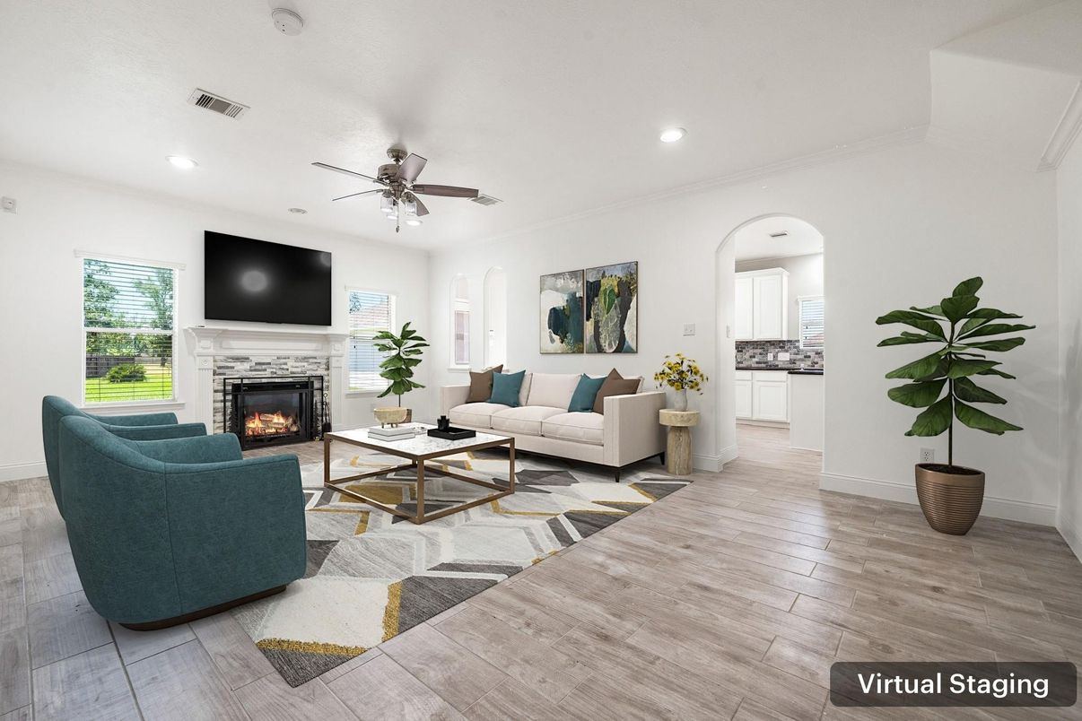 Fireplace, Interior, Living room, Recessed Lighting, Wood Texture Flooring