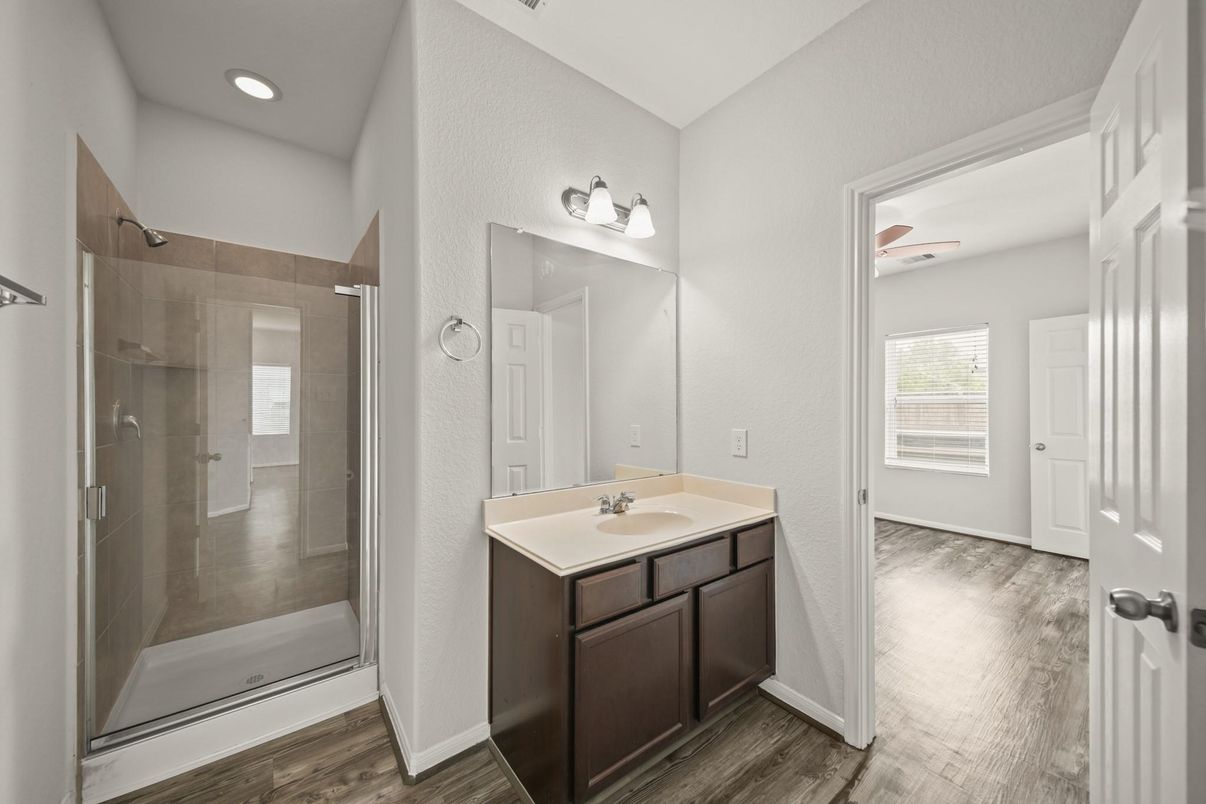 Bathroom, Glass Shower, Interior, Recessed Lighting, Wood Texture Flooring
