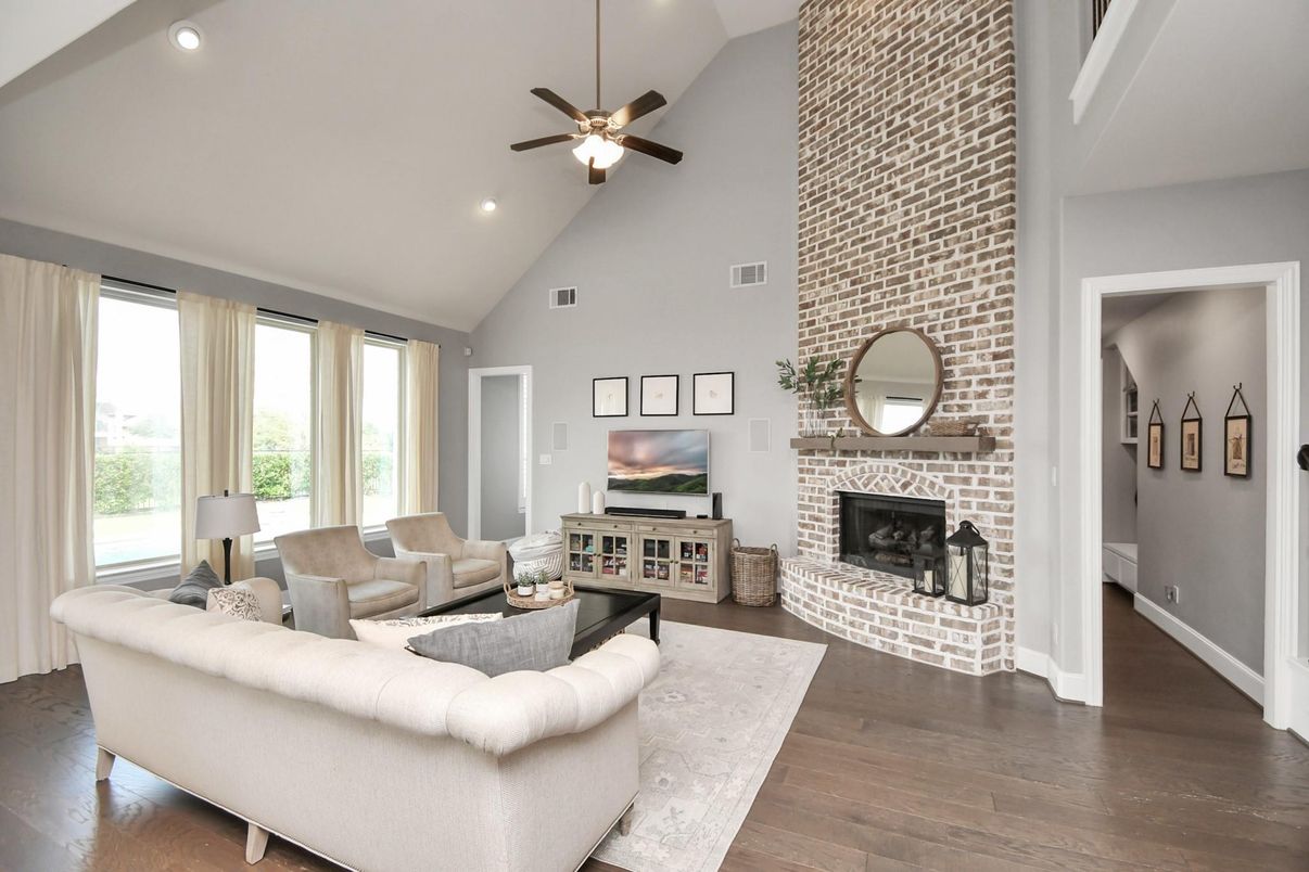 Fireplace, Interior, Living room, Recessed Lighting, Stone Walls, Wood Texture Flooring
