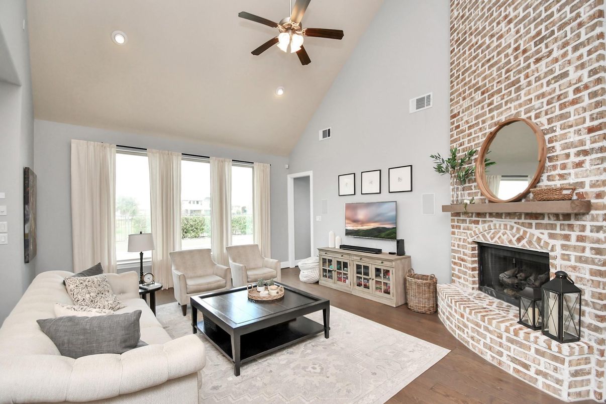 Fireplace, Interior, Living room, Recessed Lighting, Stone Walls, Wood Texture Flooring