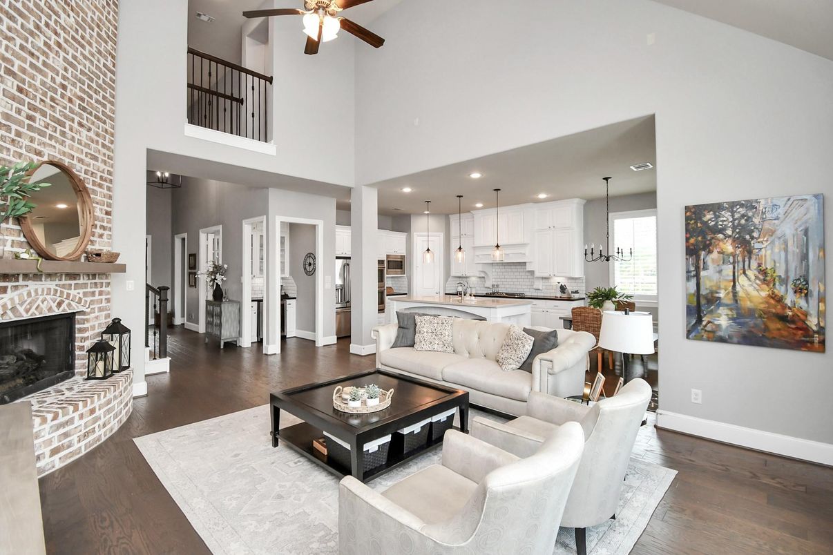 Dining room, Fireplace, Interior, Kitchen, Living room, Pendant Lights, Recessed Lighting, Stainless Steel Appliances, Wood Texture Flooring