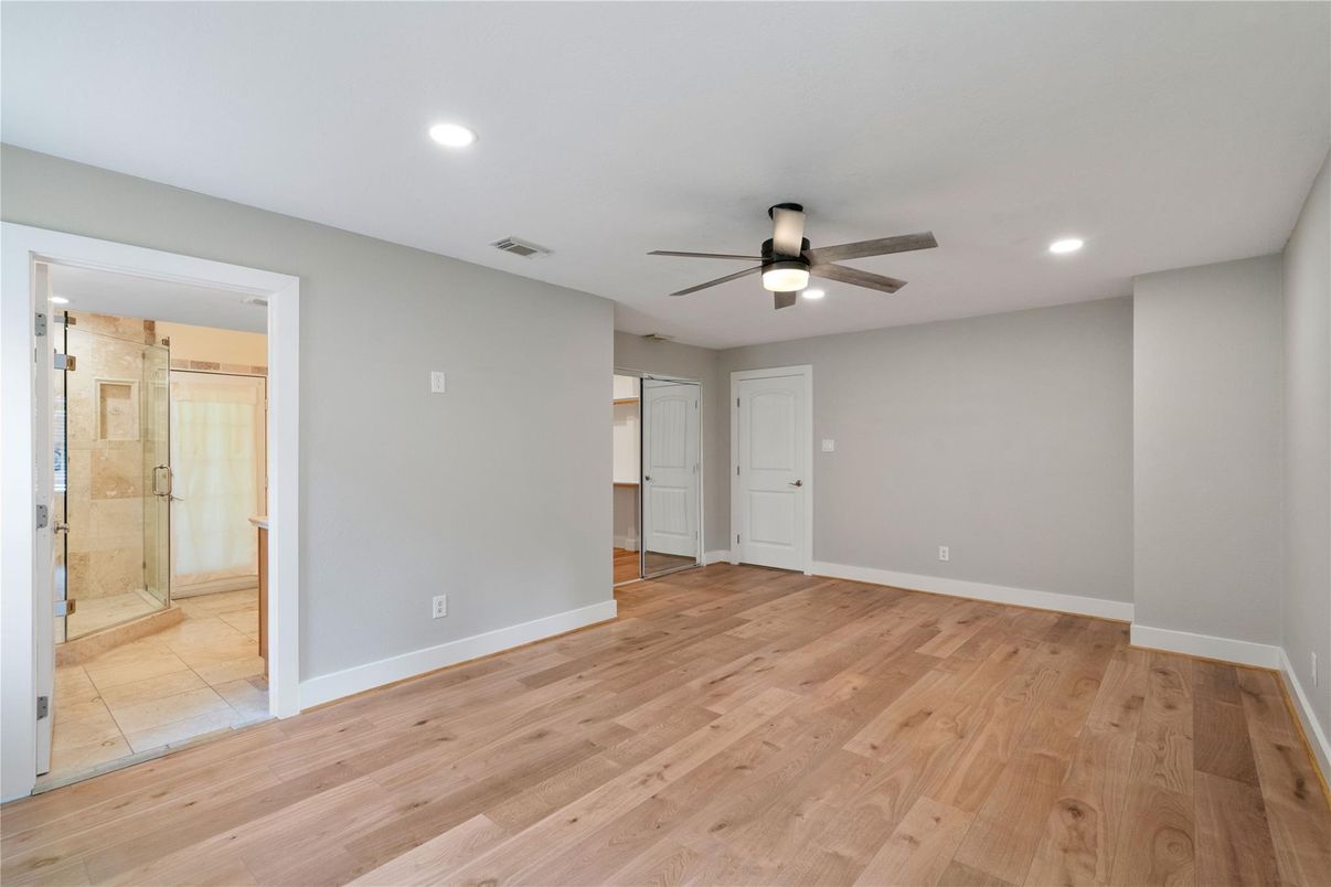 Bathroom, Empty room, Glass Shower, Interior, Recessed Lighting, Wood Texture Flooring