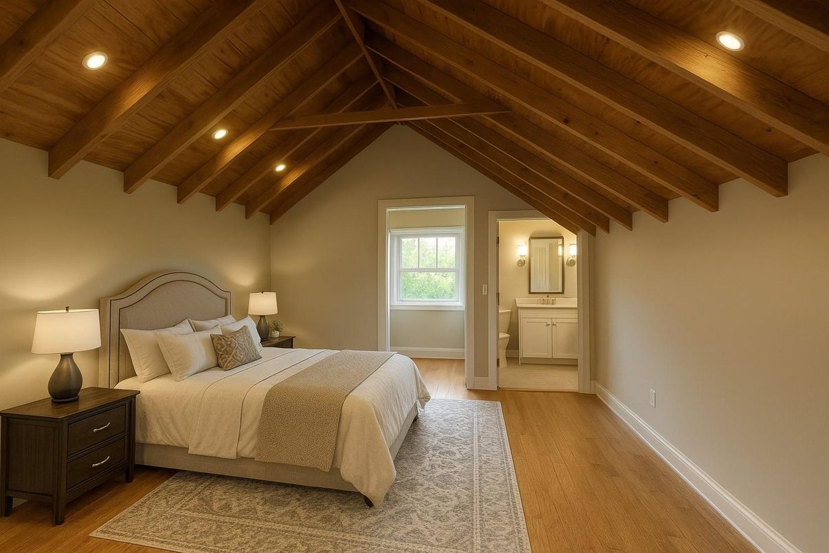 Bedroom, Interior, Recessed Lighting, Wooden Beams, Wooden Ceilings, Wood Texture Flooring