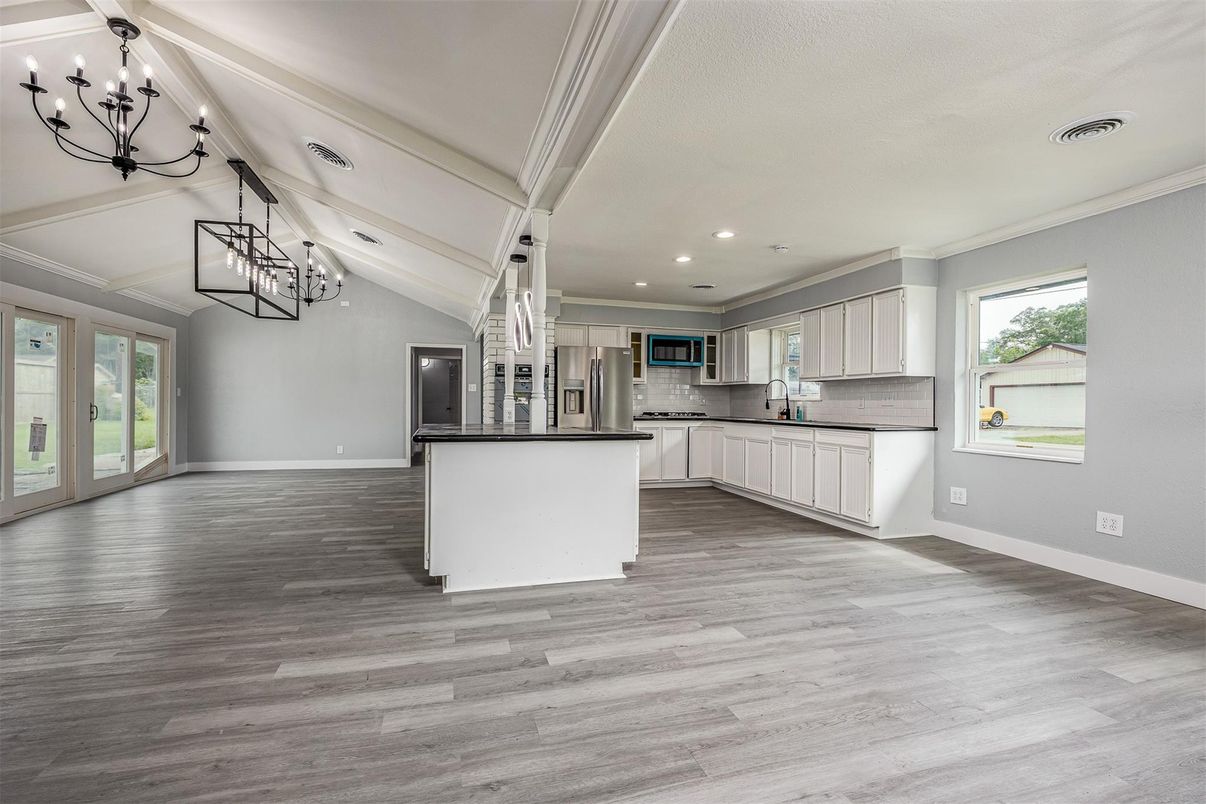 Chandelier, Interior, Kitchen, Recessed Lighting, Wood Texture Flooring