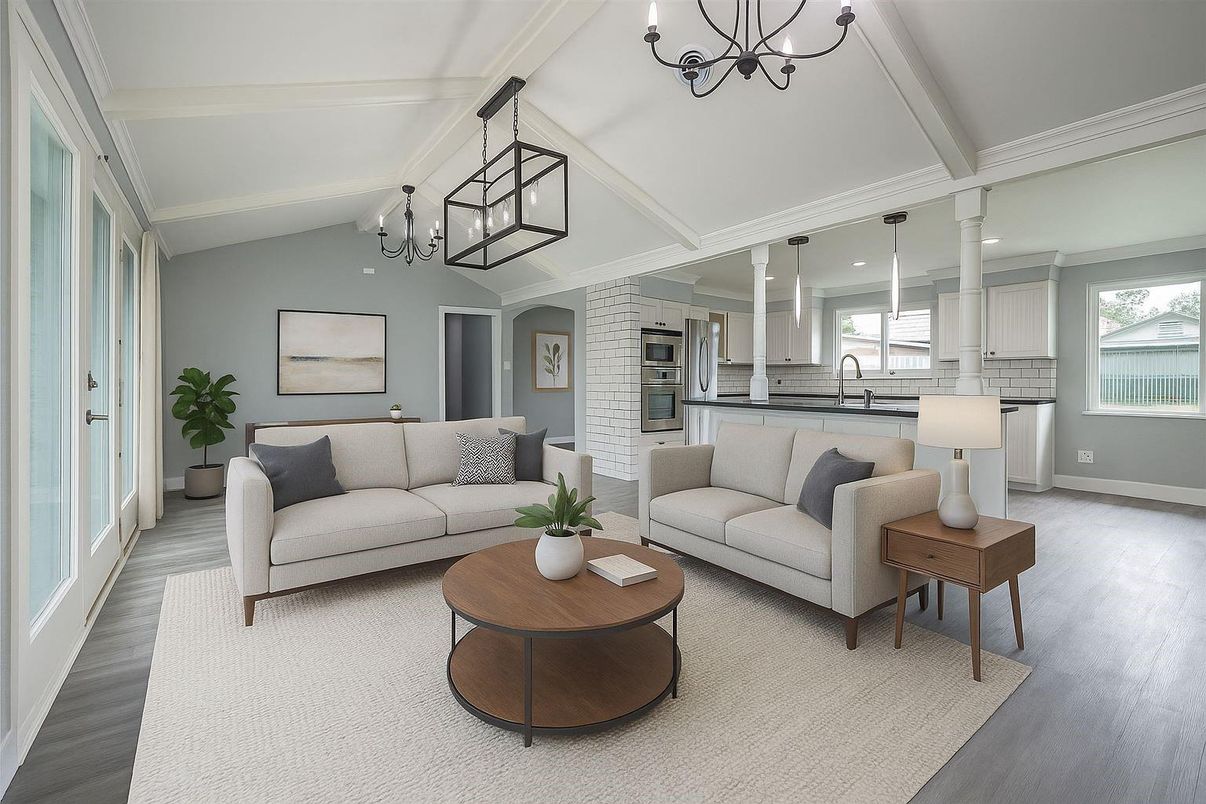 Chandelier, Interior, Kitchen, Living room, Pendant Lights, Recessed Lighting, Stone Walls, Wood Texture Flooring