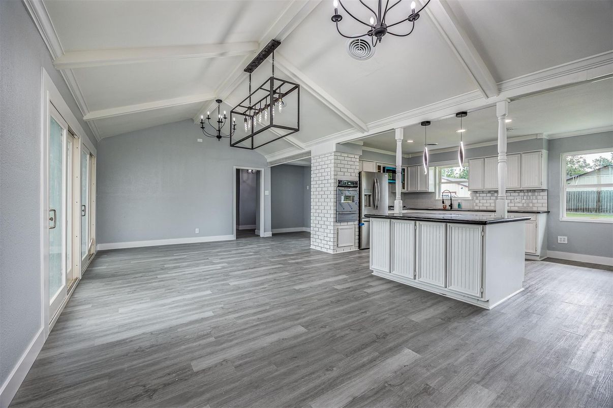 Chandelier, Empty room, Interior, Kitchen, Pendant Lights, Recessed Lighting, Wood Texture Flooring