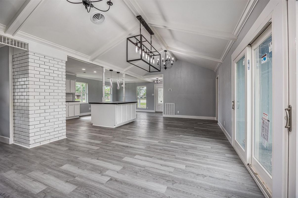 Chandelier, Empty room, Interior, Pendant Lights, Recessed Lighting, Stone Walls, Wood Texture Flooring