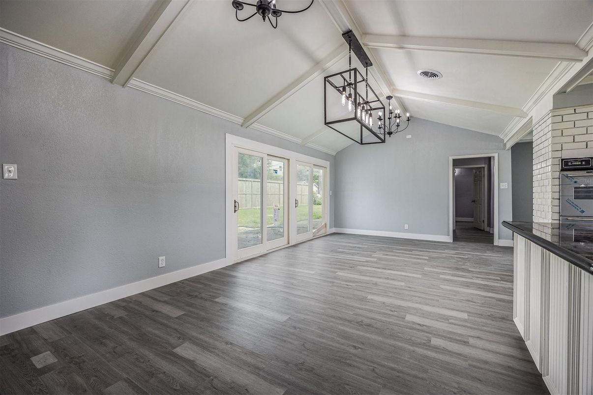 Empty room, Interior, Pendant Lights, Wood Texture Flooring