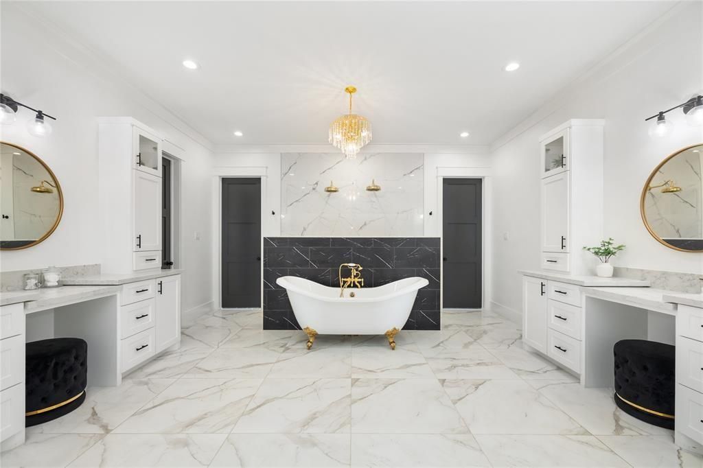 Bathroom, Chandelier, Free Standing Baths, Interior, Marble, Marble Walls, Recessed Lighting