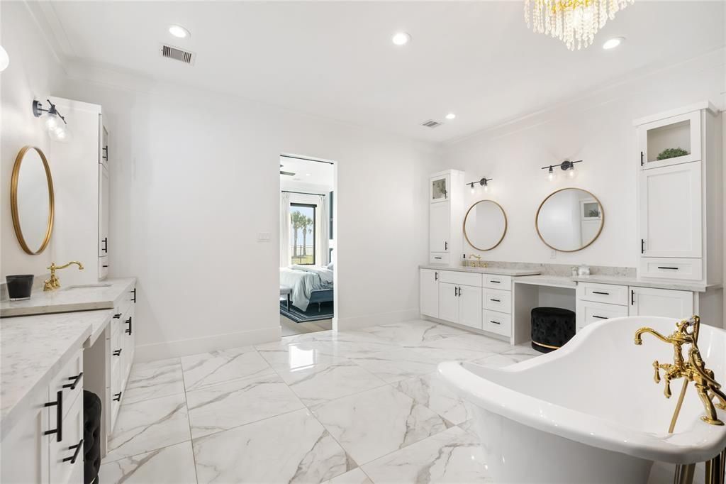 Bathroom, Chandelier, Dual Sink Vanities, Free Standing Baths, Interior, Marble, Recessed Lighting