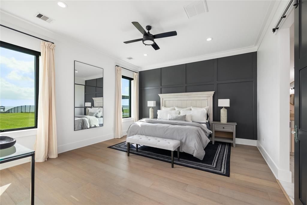 Bedroom, Interior, Recessed Lighting, Water, Wood Texture Flooring