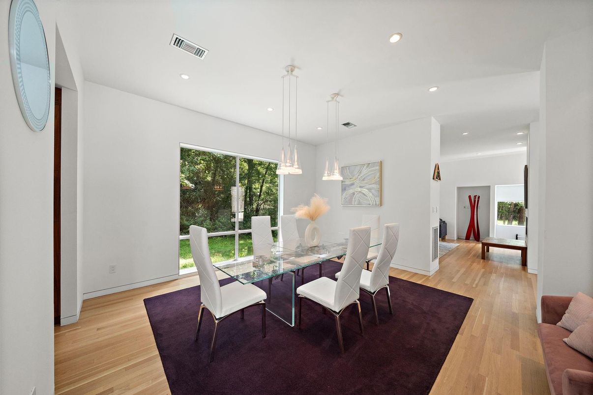Dining room, Interior, Pendant Lights, Recessed Lighting, Wood Texture Flooring
