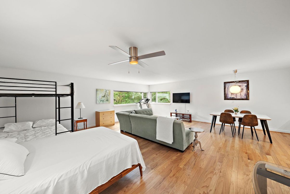 Bedroom, Dining room, Interior, Pendant Lights, Wood Texture Flooring