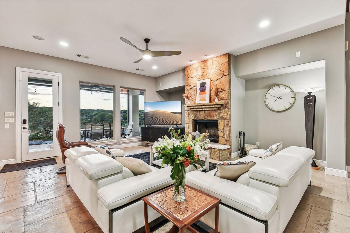 Fireplace, Interior, Living room, Pendant Lights, Recessed Lighting, Stone Walls
