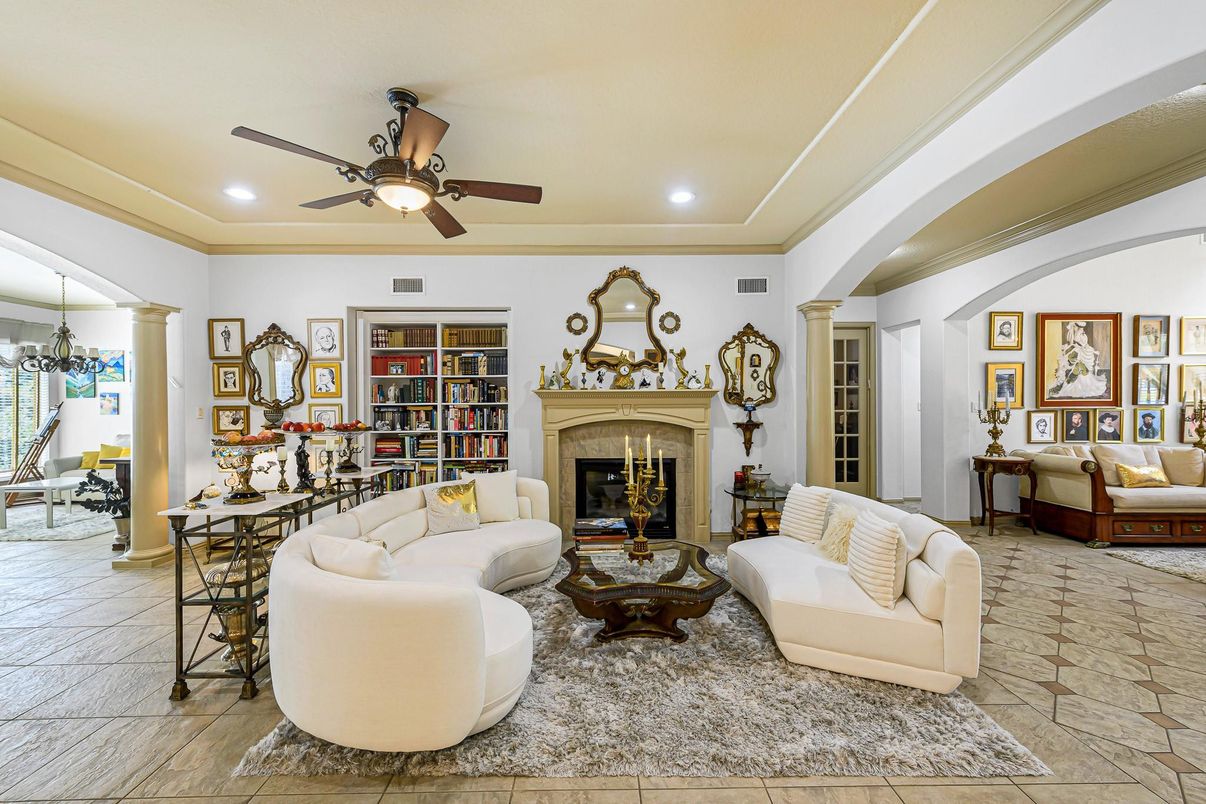 Chandelier, Dining room, Fireplace, Interior, Living room, Recessed Lighting