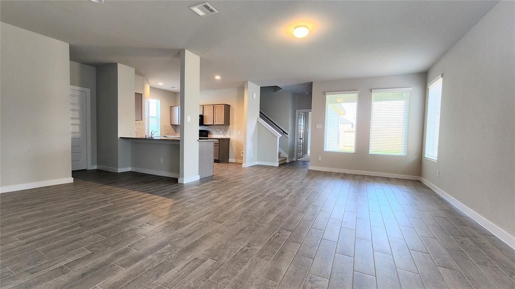 Empty room, Interior, Kitchen, Recessed Lighting, Wood Texture Flooring