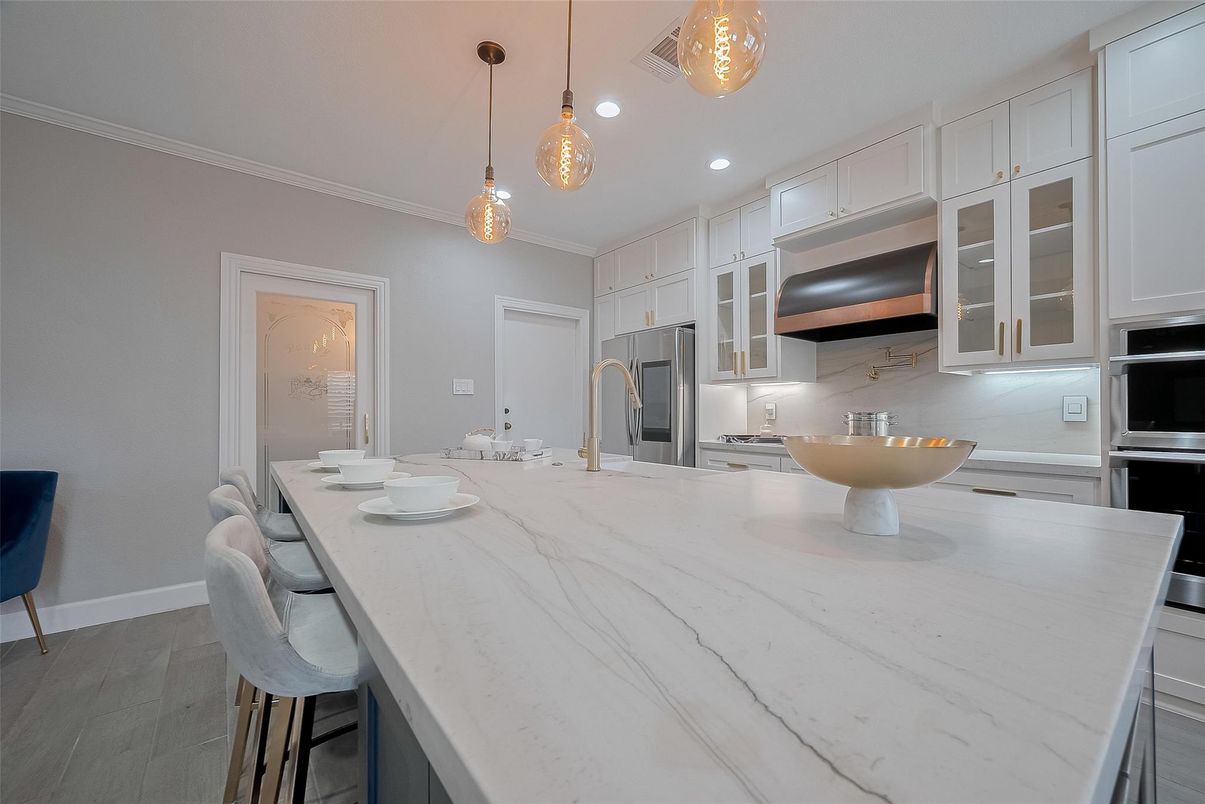 Interior, Kitchen, Pendant Lights, Recessed Lighting, Stainless Steel Appliances, Wood Texture Flooring