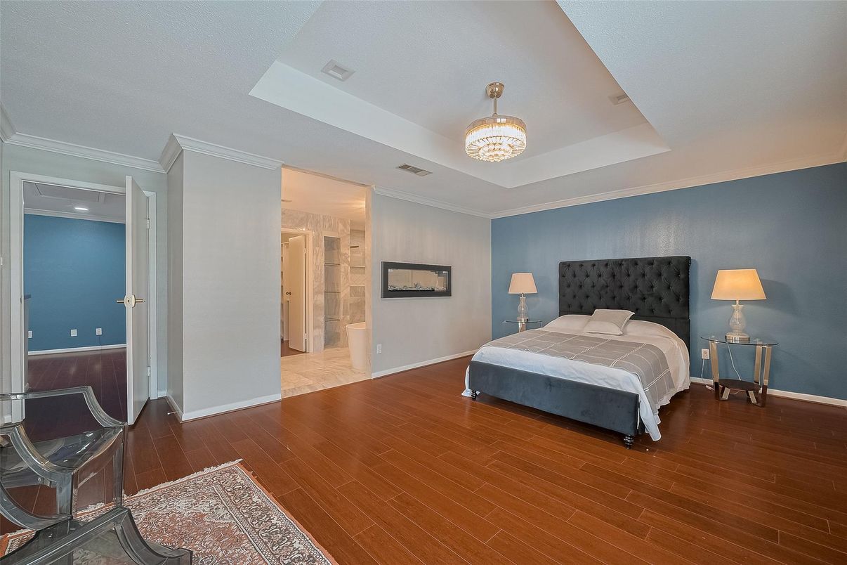 Bedroom, Chandelier, Interior, Wood Texture Flooring