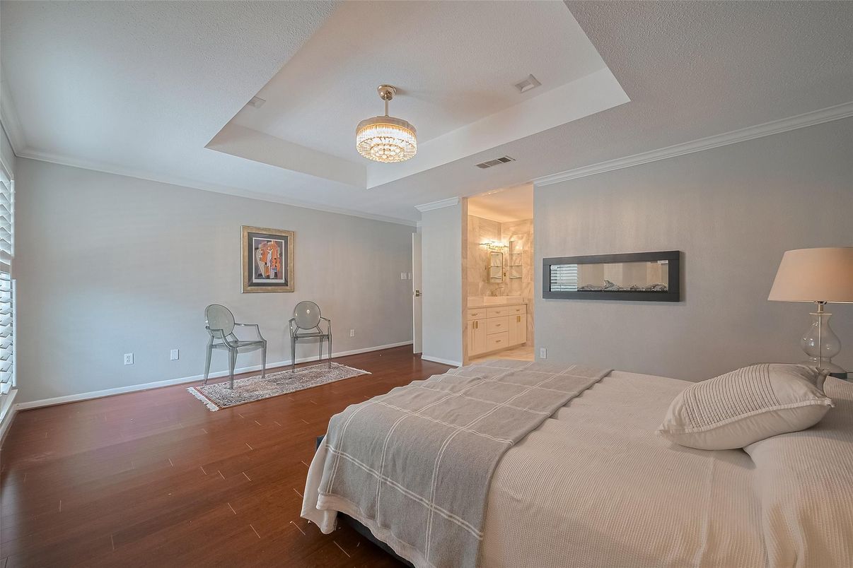 Bedroom, Chandelier, Interior, Wood Texture Flooring