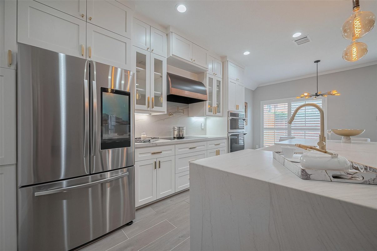 Interior, Kitchen, Pendant Lights, Recessed Lighting, Stainless Steel Appliances, Wood Texture Flooring