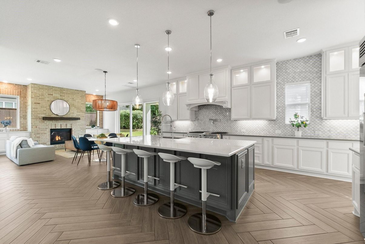 Fireplace, Interior, Kitchen, Pendant Lights, Recessed Lighting, Stone Walls, Wood Texture Flooring