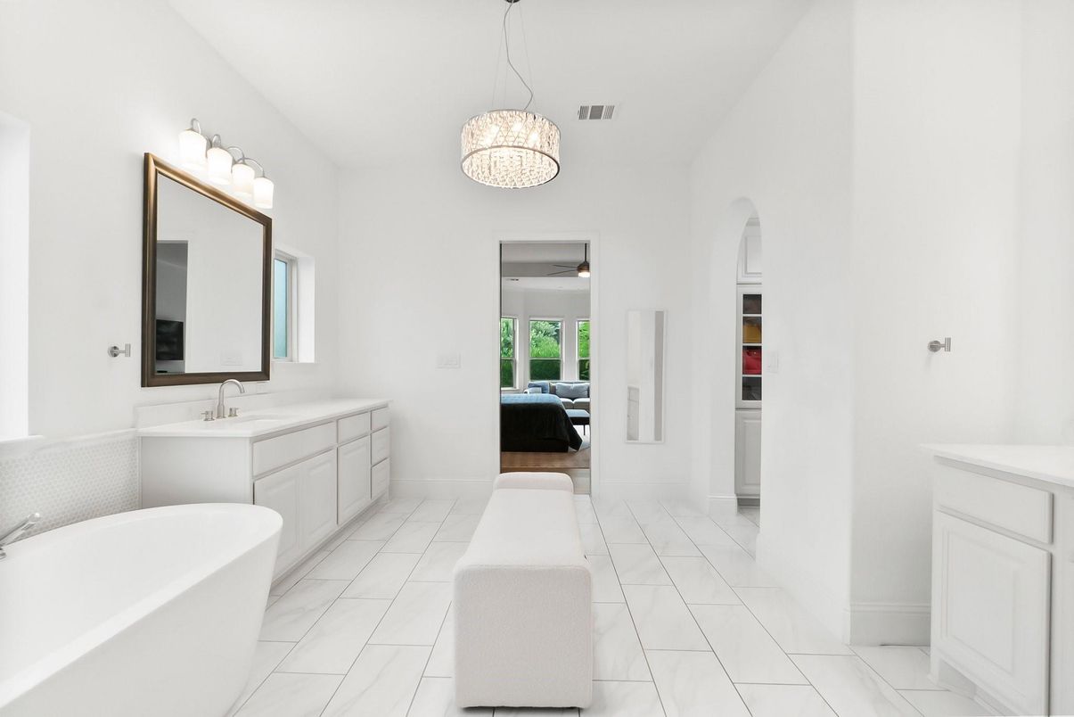 Bathroom, Chandelier, Dual Sink Vanities, Free Standing Baths, Interior, Marble, Pendant Lights