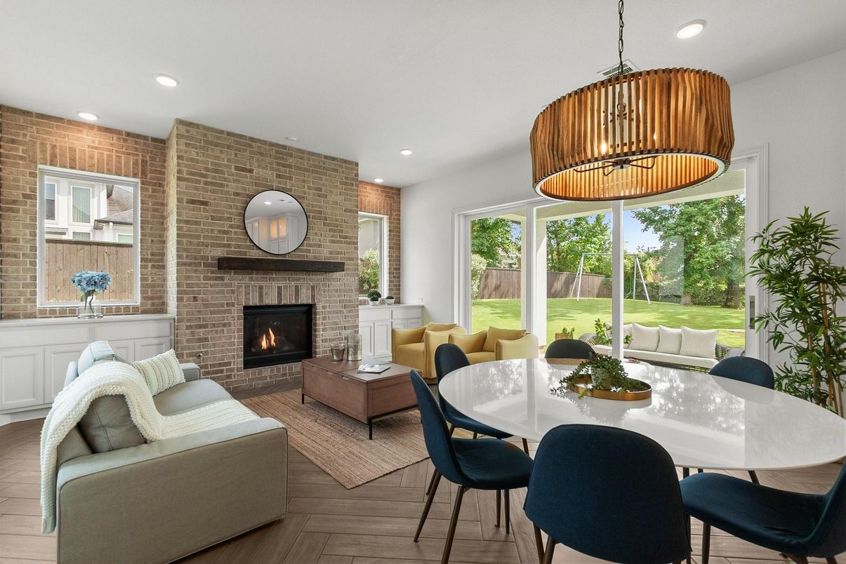 Dining room, Fireplace, Interior, Living room, Pendant Lights, Recessed Lighting, Stone Walls, Wood Texture Flooring