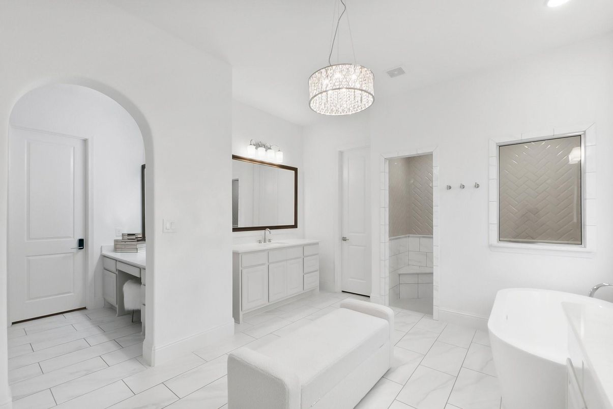 Bathroom, Chandelier, Dual Sink Vanities, Free Standing Baths, Interior, Marble, Pendant Lights, Recessed Lighting