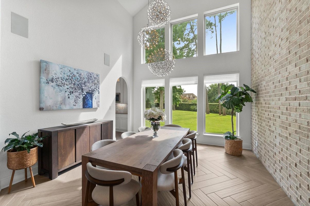 Dining room, Interior, Pendant Lights, Stone Walls, Wood Texture Flooring
