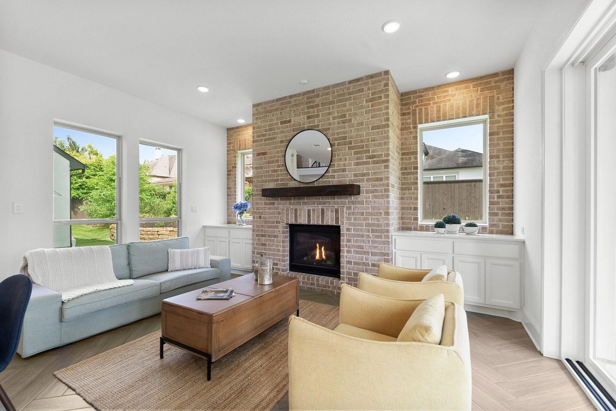 Fireplace, Interior, Living room, Recessed Lighting, Stone Walls, Wood Texture Flooring