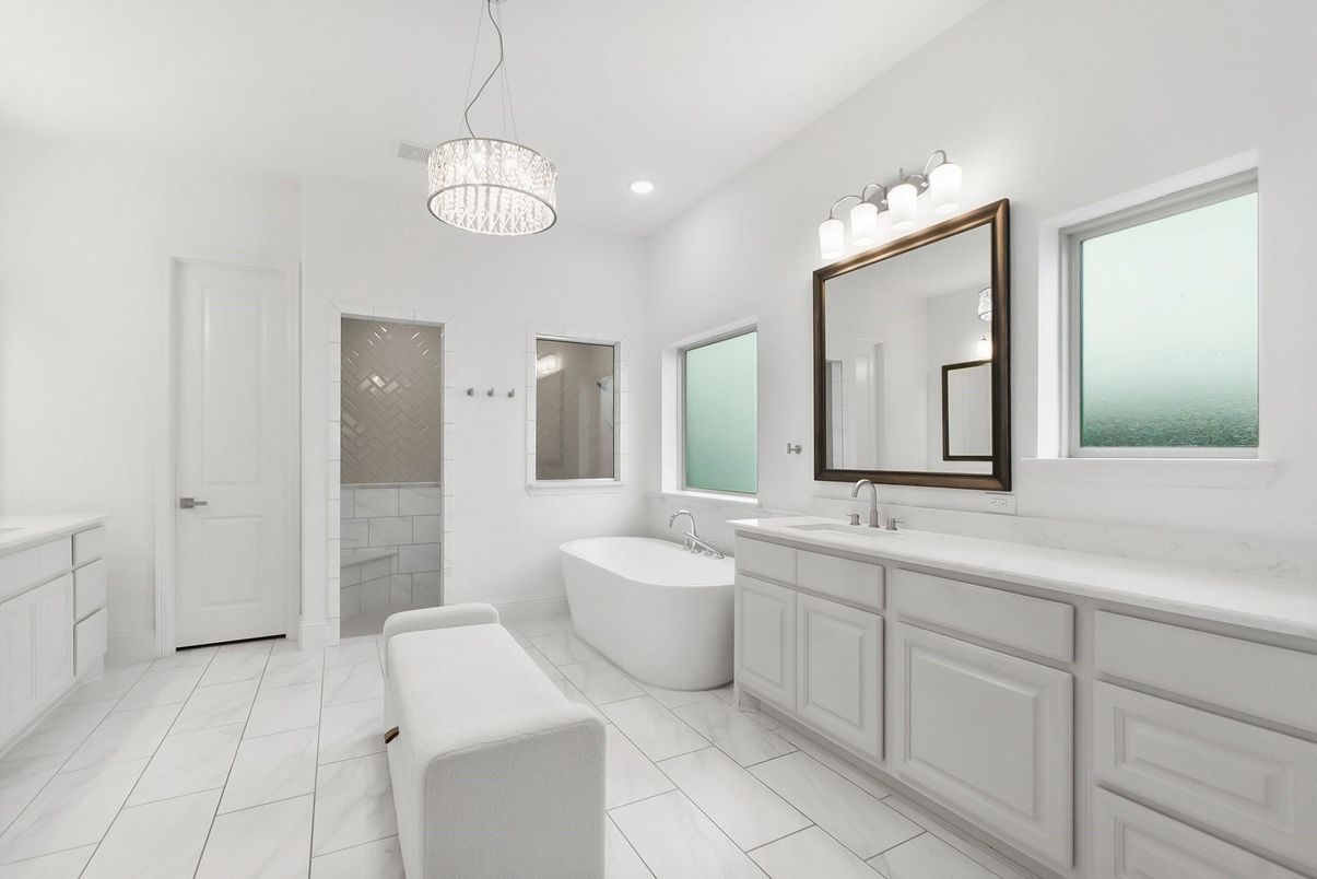 Bathroom, Chandelier, Dual Sink Vanities, Free Standing Baths, Interior, Marble, Pendant Lights, Recessed Lighting