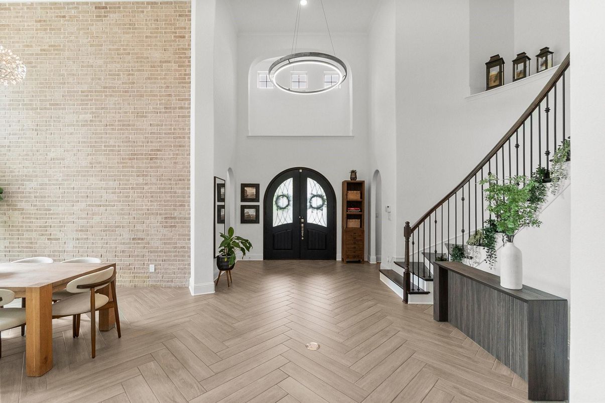 Dining room, Interior, Pendant Lights, Wood Texture Flooring