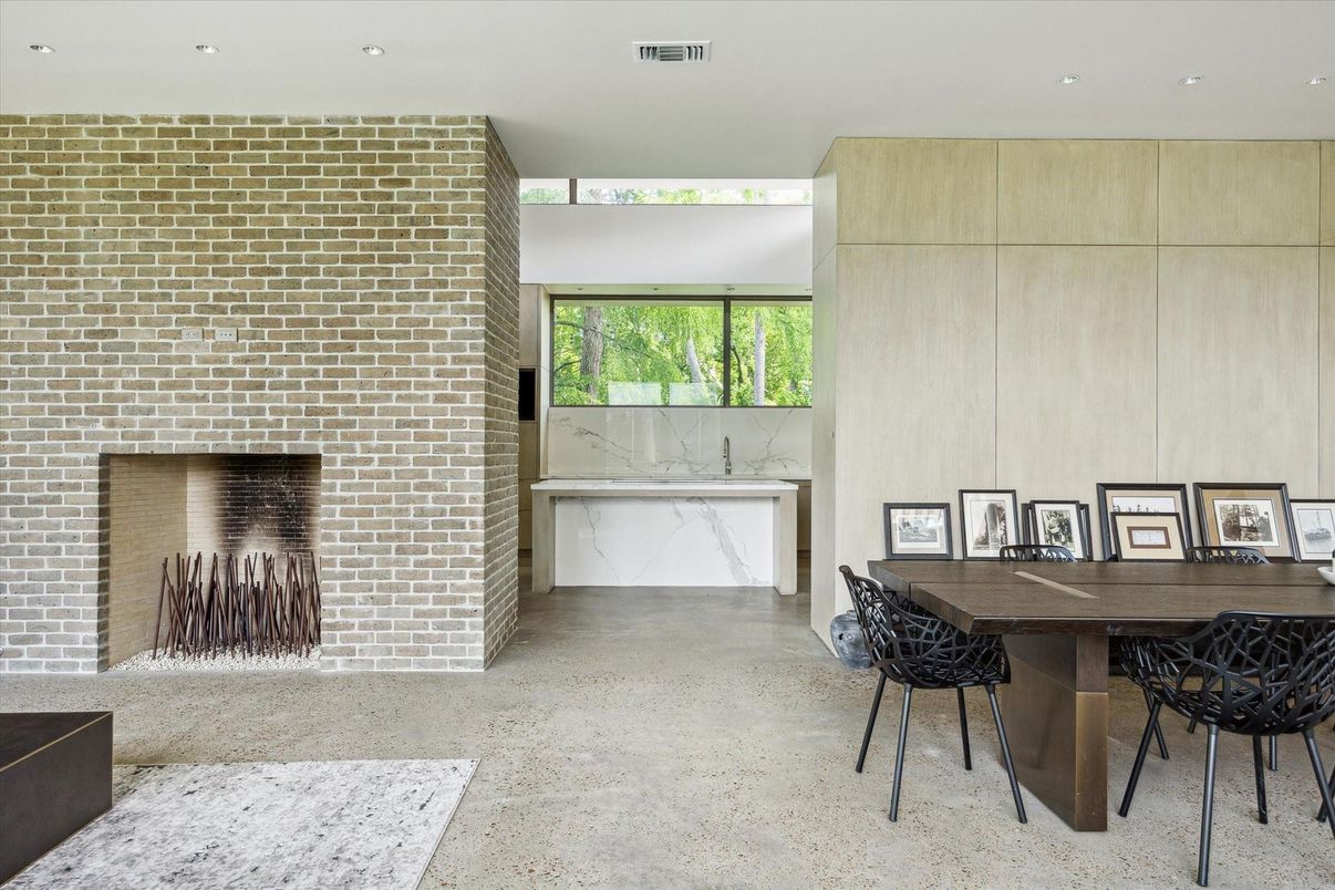 Dining room, Fireplace, Interior, Recessed Lighting, Stone Walls