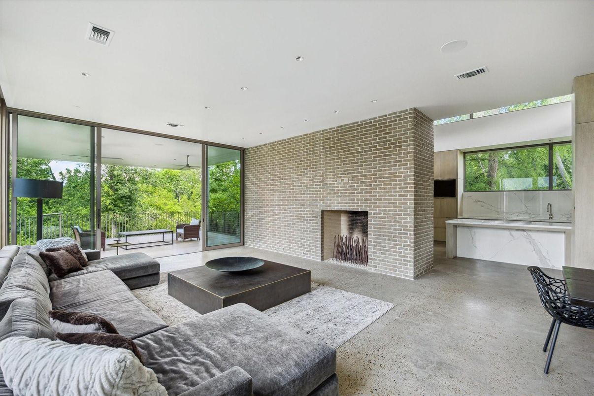 Fireplace, Interior, Living room, Recessed Lighting, Stone Walls
