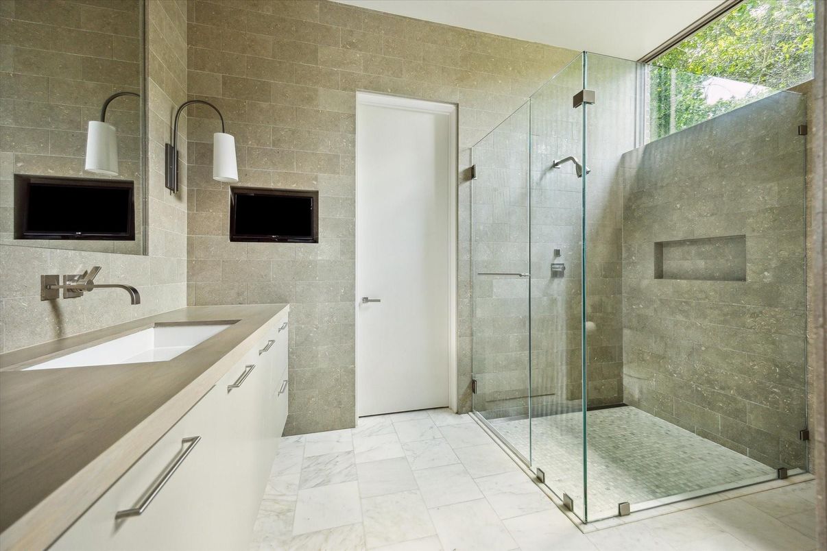 Bathroom, Dual Sink Vanities, Glass Shower, Interior, Marble, Stone Walls