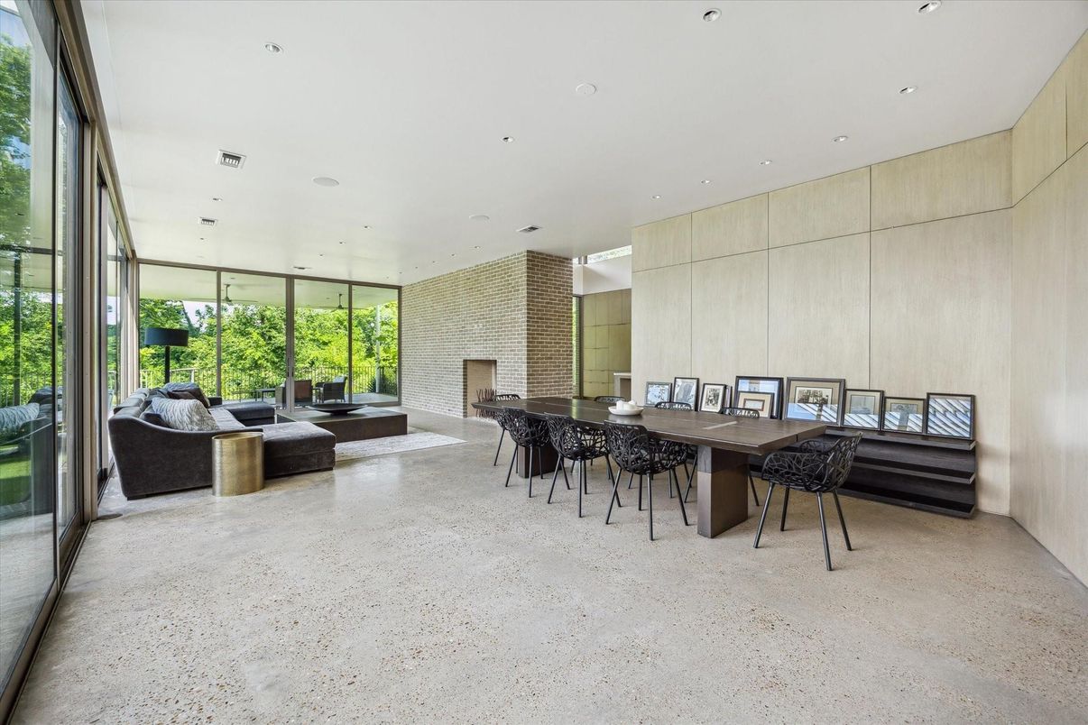 Dining room, Fireplace, Interior, Recessed Lighting, Stone Walls