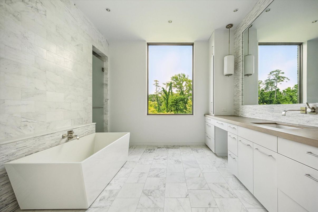 Bathroom, Free Standing Baths, Interior, Marble, Marble Walls, Recessed Lighting