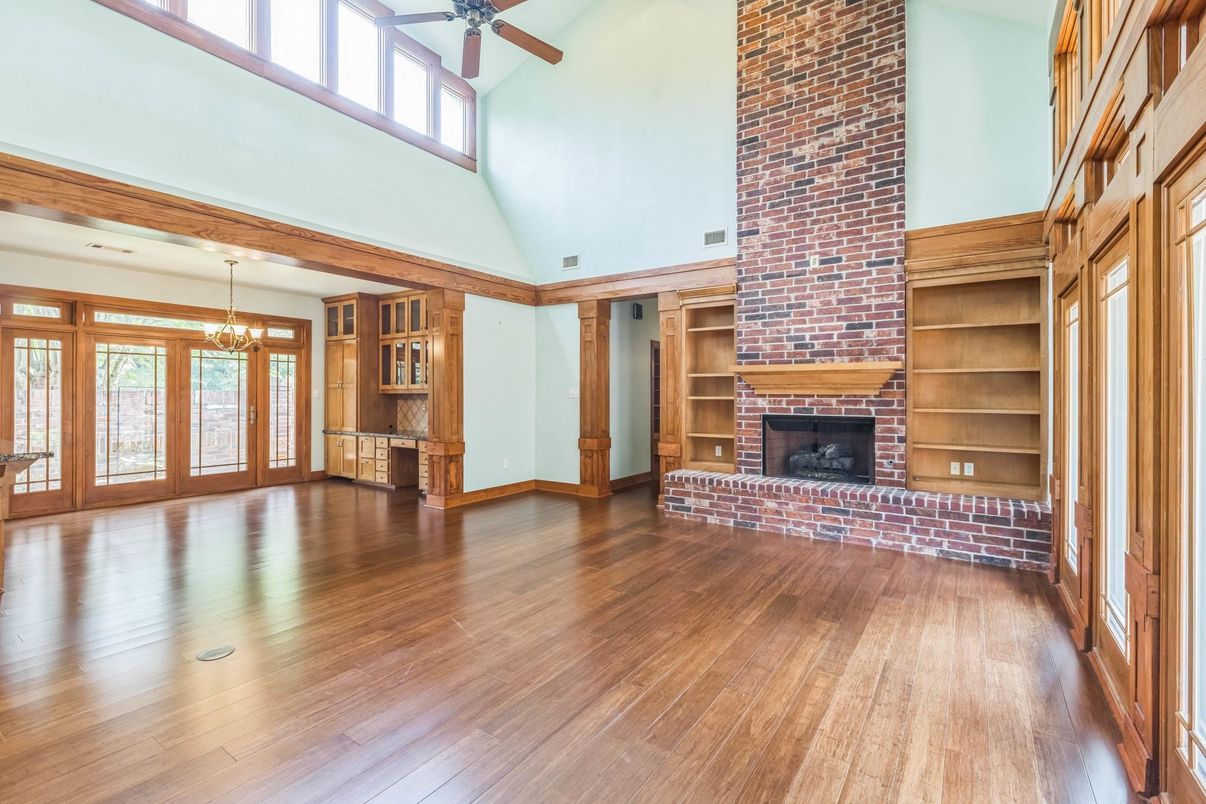 Chandelier, Empty room, Fireplace, Interior, Stone Walls, Wood Texture Flooring