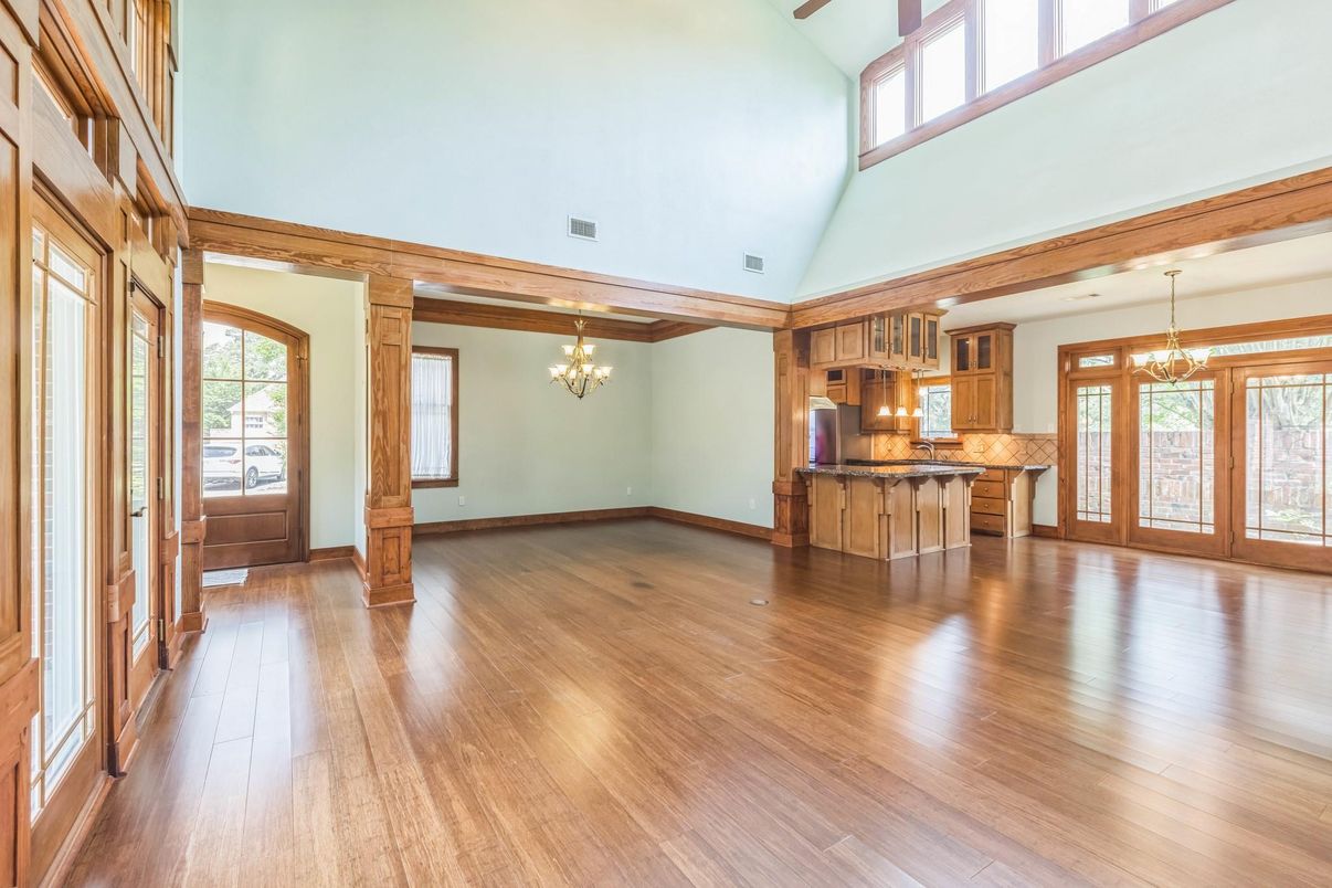 Chandelier, Empty room, Interior, Kitchen, Pendant Lights, Wooden Beams, Wood Texture Flooring