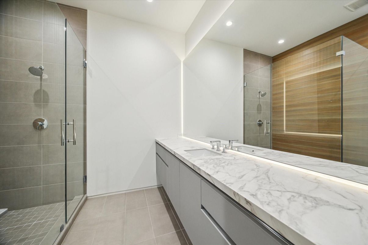 Bathroom, Glass Shower, Interior, Recessed Lighting, Wooden Walls