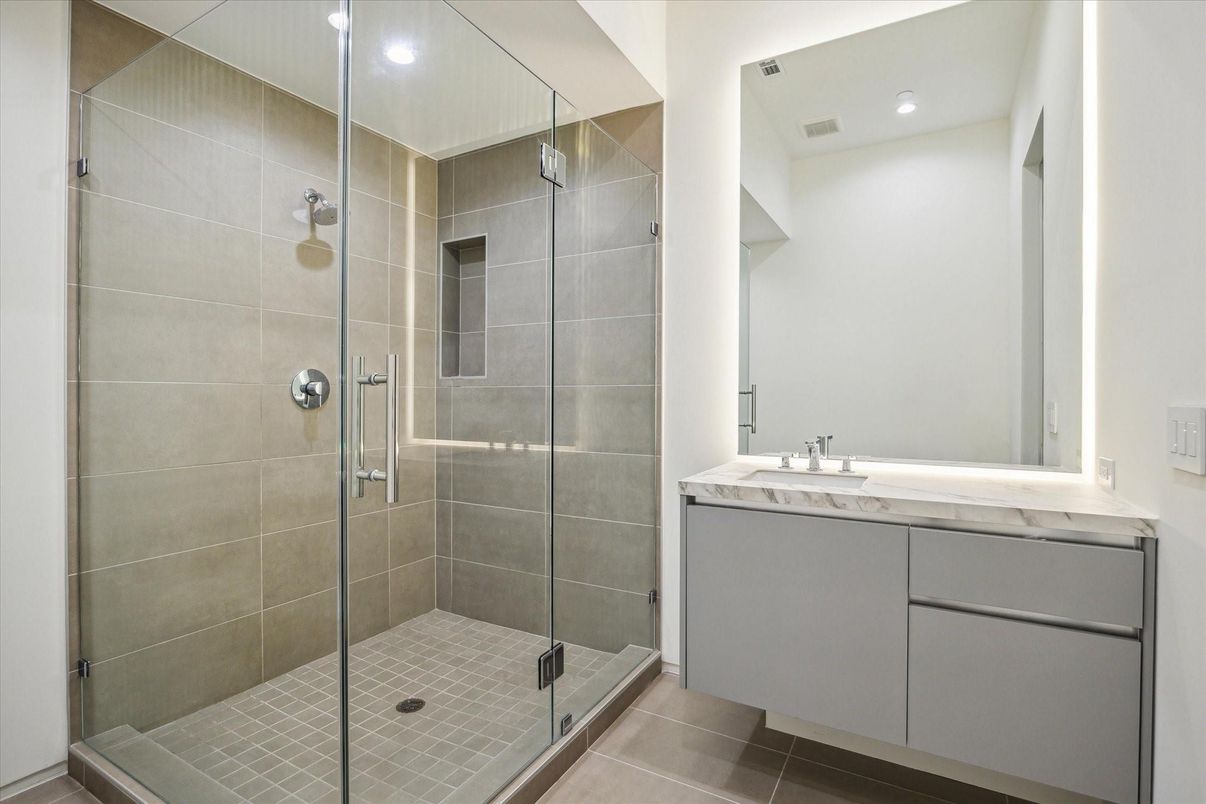 Bathroom, Glass Shower, Interior, Recessed Lighting